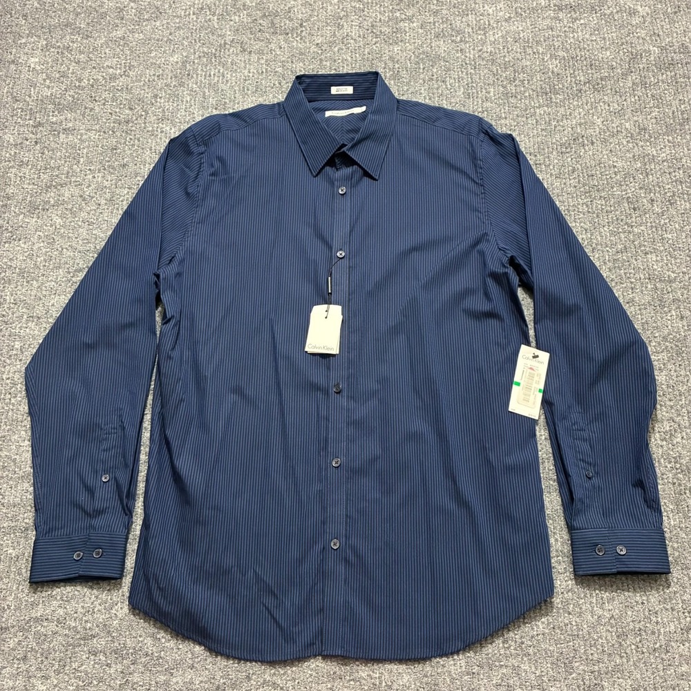Calvin Klein Mens Button Up Shirt Size Large Blue Striped Cotton Long Sleeve